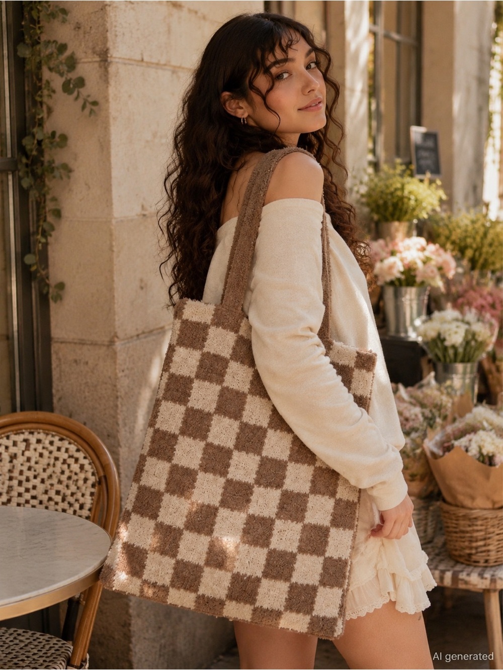 Free People Cozy Checkerboard Tote Bag Cream Brown Fuzzy Knit Market
